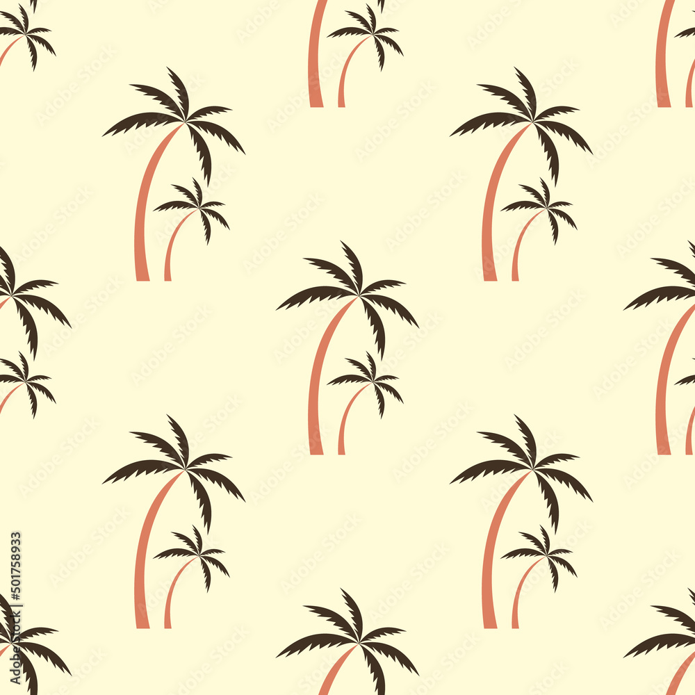 Fototapeta premium Vintage tropical palm trees on belgie background. Cute doodle summer template with palm tree. Holiday island mood paradise. Exotic jungle printing. Hand drawn trendy vector seamless pattern.