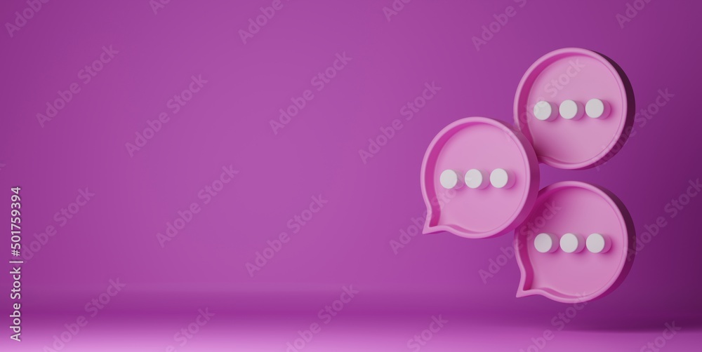 Three pink message from social networks icons are located on a pink background. 3D render. Size for the banner. Three pink message from social networks icons are located on a pink background. 3D render. Size for the banner.