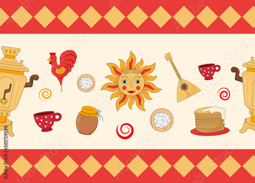 Vector set banner on the theme of the Russian holiday Carnival. Russian translation wide and happy Shrovetide Maslenitsa