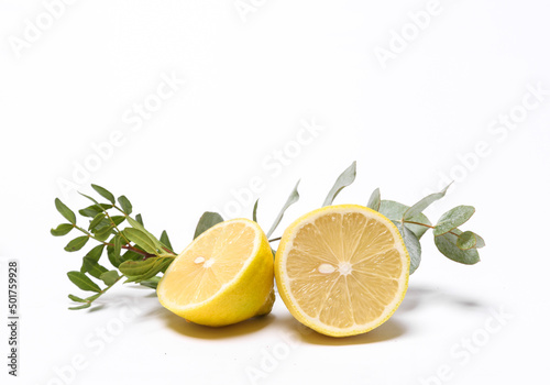 Halves of a cut lemon with green sprigs on a white background