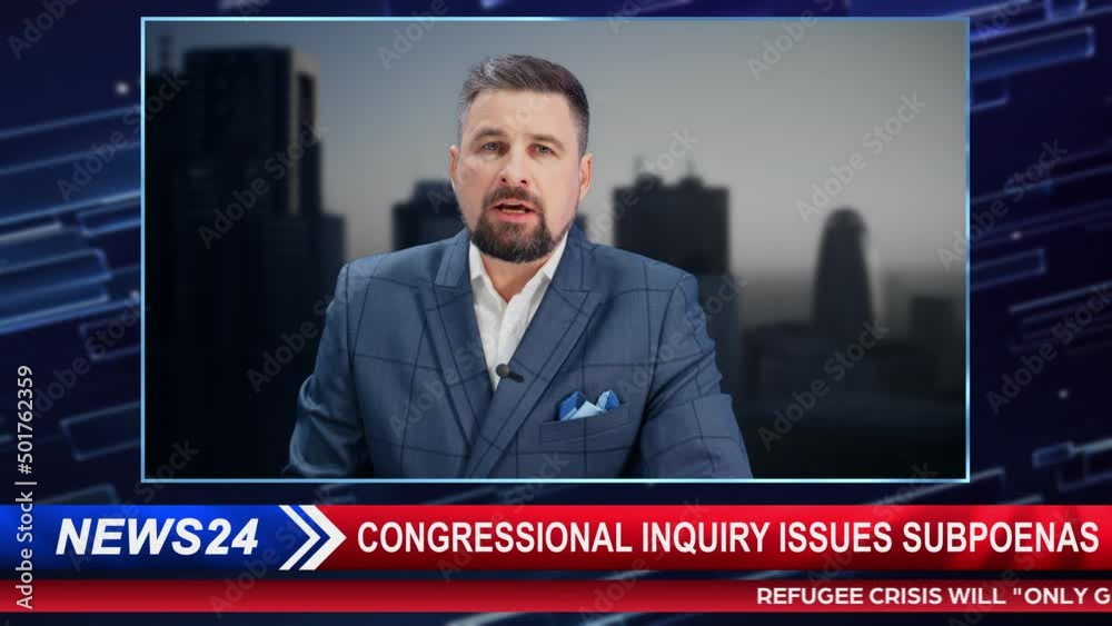 TV Live News Program: Male Presenter Reporting News on Television Cable Channel Newsroom Studio: Anchorman Talks Broadcasting from a Network Television Studio Playback