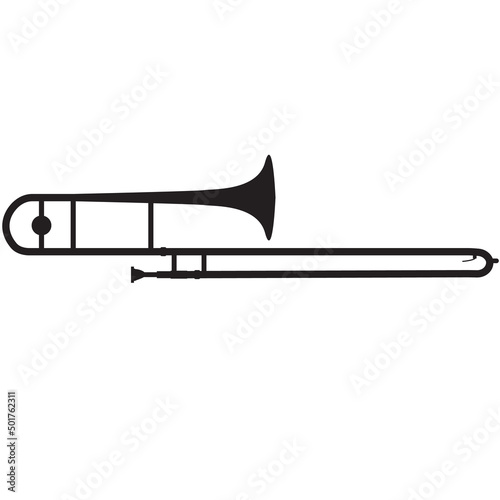 Trombone icon on white background. Black silhouette of trombone sign. A musical wind instrument. flat style. photo