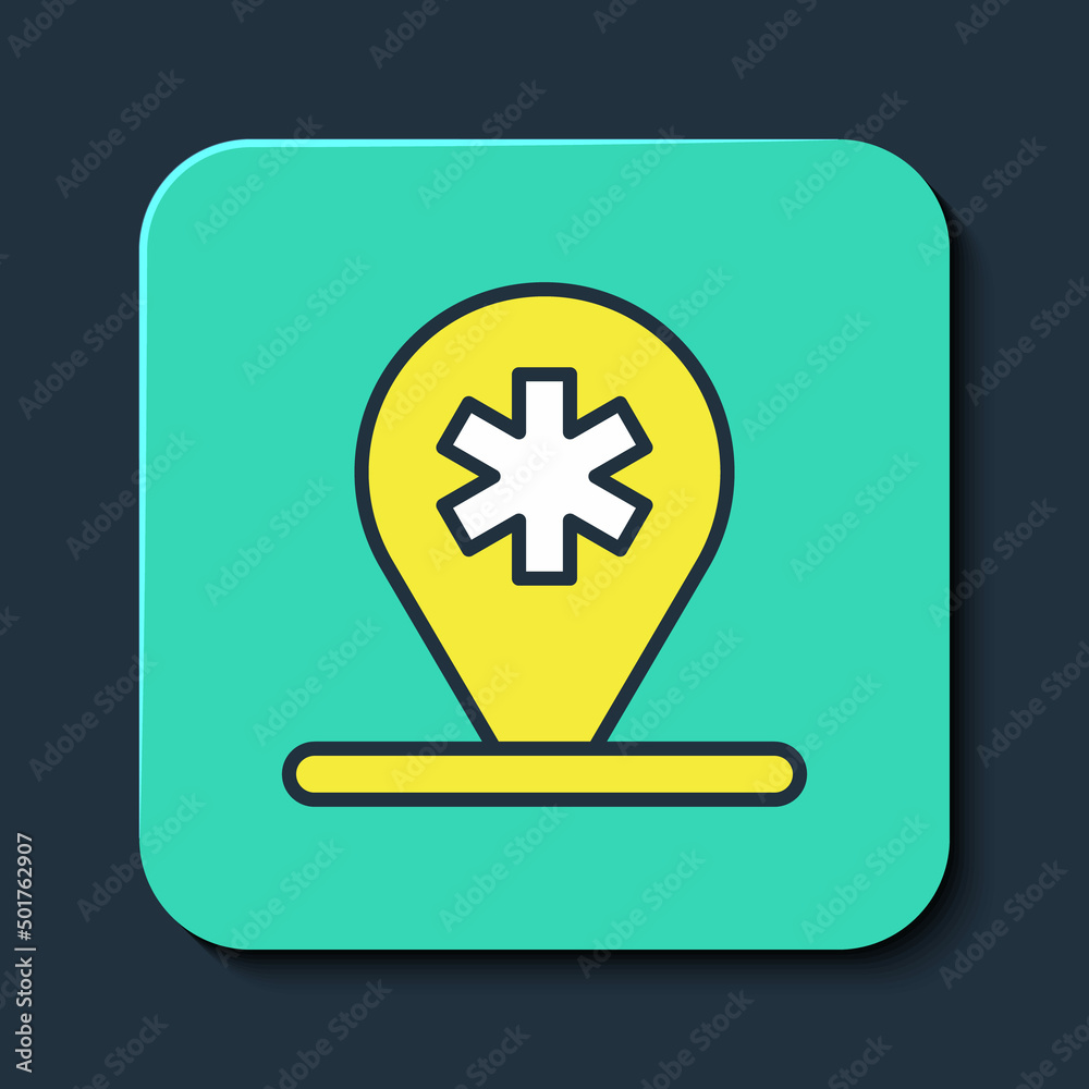 Filled outline Medical map pointer with cross hospital icon isolated on blue background. Turquoise square button. Vector Filled outline Medical map pointer with cross hospital icon isolated on blue background. Turquoise square button. Vector
