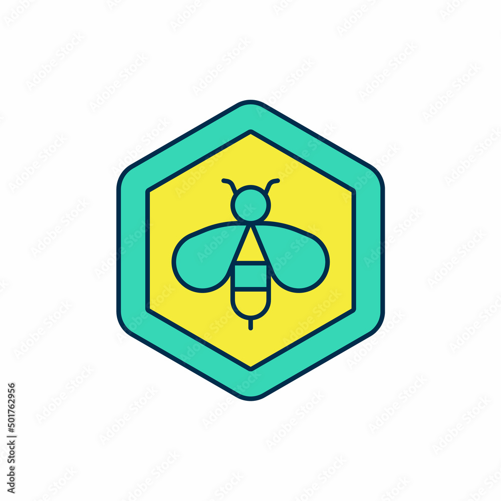 Obraz premium Filled outline Bee and honeycomb icon isolated on white background. Honey cells. Honeybee or apis with wings symbol. Flying insect. Sweet natural food. Vector