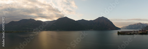 Aerial view of Lake Iseo and mountains background ,panorama of the lake at sunrise,Bergamo Italy.