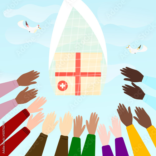 Humanitarian aid a box of food and medicines is being lowered from the air and the hands of people of different nationalities and skin colors are stretched up. The concept of charitable donation