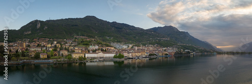 Aerial view of Lake Iseo at sunrise,panorama of all the city of lovere which runs along the lake,Bergamo Italy. © robertobinetti70