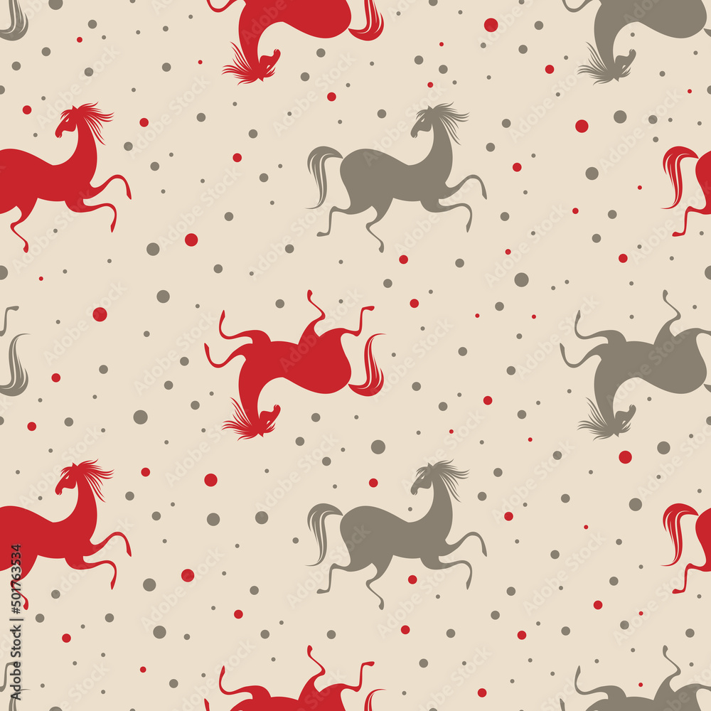 Stylish seamless pattern with running horses and dots in red, grey, brown colors. Vector trendy fashion illustration. Works well as wrapping paper, print, background. Animal concept vintage design
