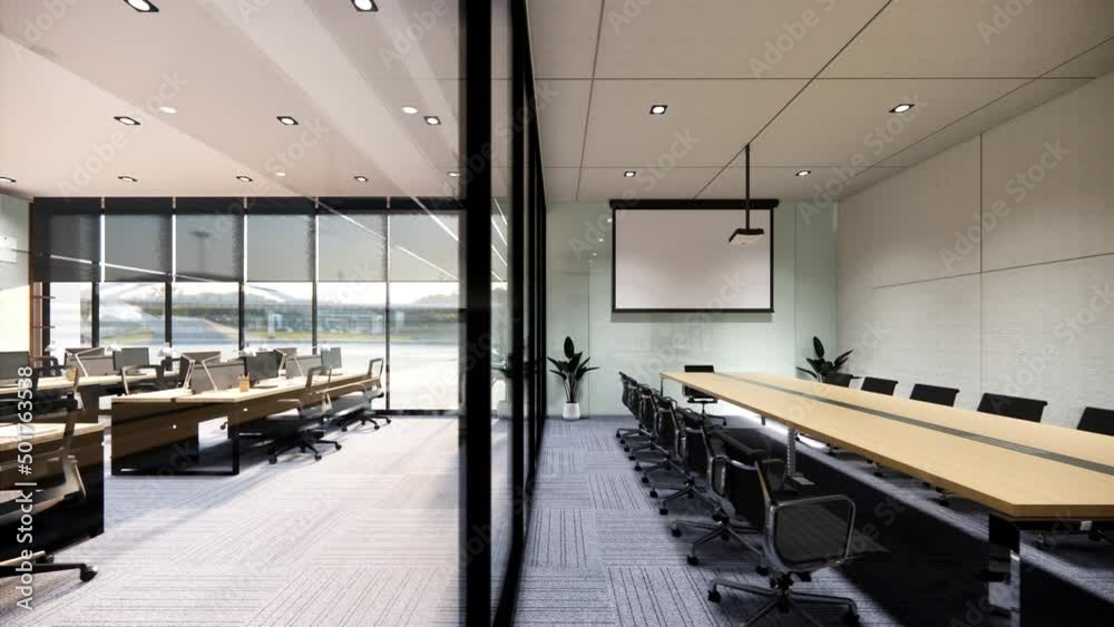 Interior Empty Modern Loft Office open space modern office footage.Modern open concept Lobby and reception area meeting room design.3d Rendering  interior walk through.