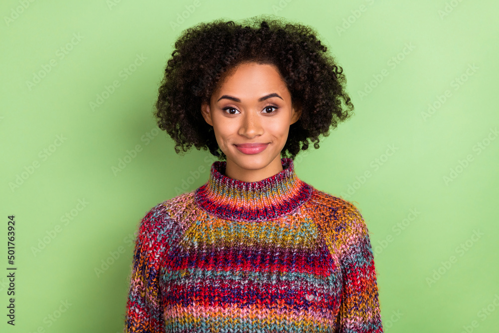 Photo of gorgeous satisfied lady smile look camera isolated on bright green color background Photo of gorgeous satisfied lady smile look camera isolated on bright green color background
