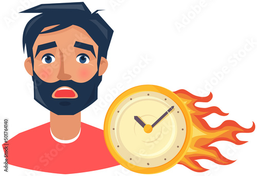 Time management concept. Upset man portrait near burning clock. Scared guy before deadline. Man is afraid of late work. Shocked face expression of adult person. Clock with fire as symbol of deadline