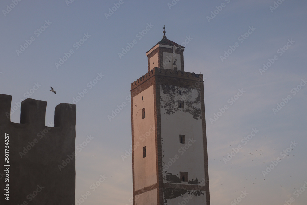 Minaret on the evening sky in Essaouira, Morocco