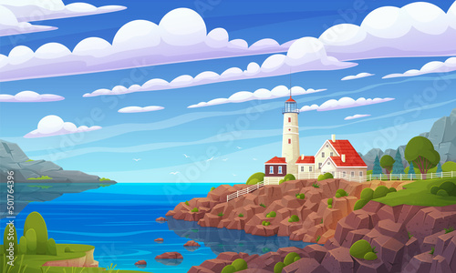 Seacoast with lighthouse and houses. Landscape of nature with sea or river and buildings. Lighthouse on bank, rocks and plants. Beautiful scenic landscape, picturesque scenery with view of beacon