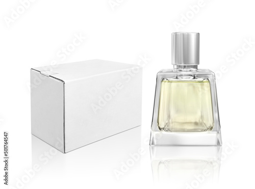Perfume bottle and white packaging box