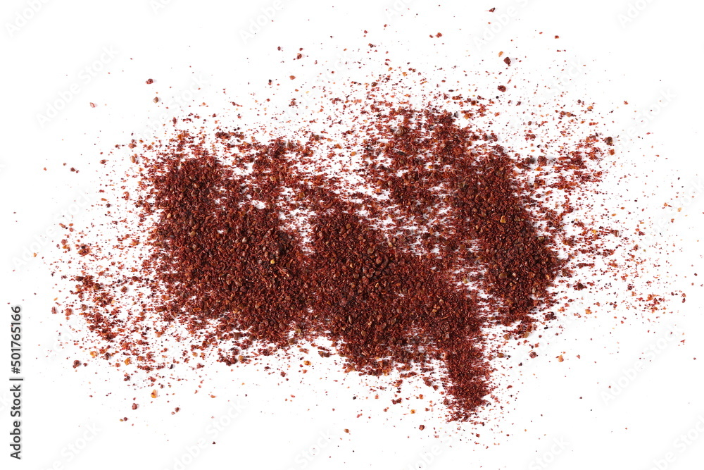 Ground sumac spice, pile isolated on white, top view 
