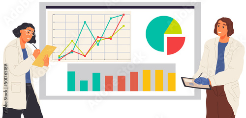 Search for solutions, scientific analysis concept. Woman looking at statistical chart. Scientist works with data analytics and research of statistics. Person with magnifying glass analyzes diagram