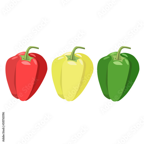 Sweet Bulgarian pepper, a set of three peppers-red, yellow, green on a white background.Vector illustration.It can be used in textiles, menus, labels