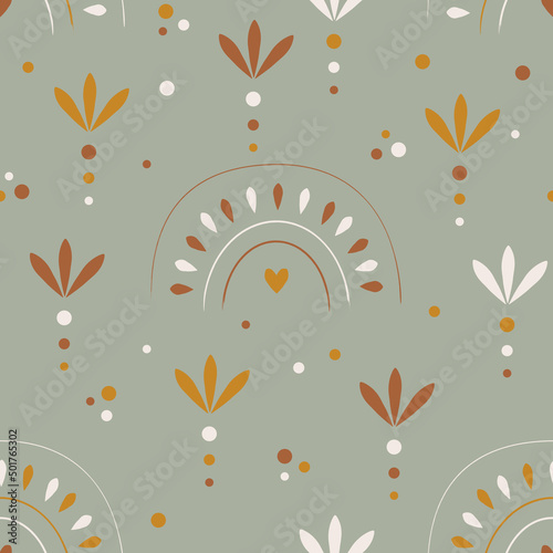 Sage green summer boho seamless pattern with arches. Vector background in modern bohemian style perfect for scrapbooking, textile, wrapping paper and stationery for kids and adults