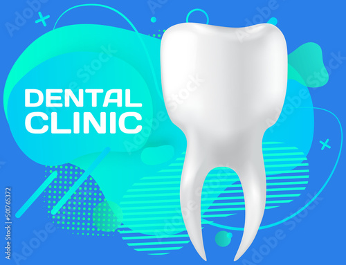 Dental clinic poster vector illustration. Advertising of hospital for teeth treatment. Medical services for installation of dental implant. Human gum with healthy teeth and denture on dentistry banner