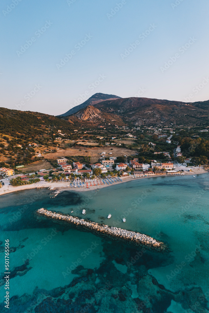 Obraz premium Katelios village harbor, sunrise from the air, Kefalonia, Greece