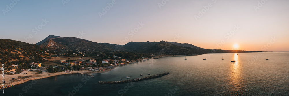 Panoramic view of Katelios village at sunrise, Kefalonia, Greece