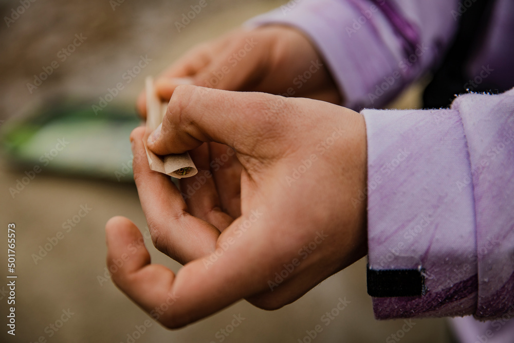 Hands of a man preparing a marijuana cigarette. Close-up