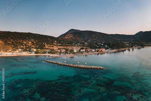 Katelios village harbor, sunrise from the air, Kefalonia, Greece