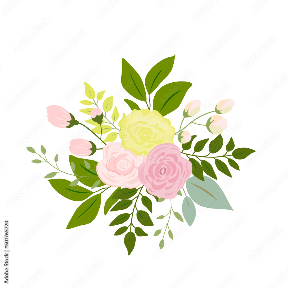 pink rose yellow green leaves wedding invitation card and flower poster