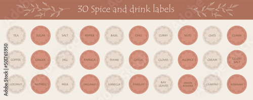 A set of 30 labels for spice and drink. Food stickers for marking jars and containers. Organization of pantry space.