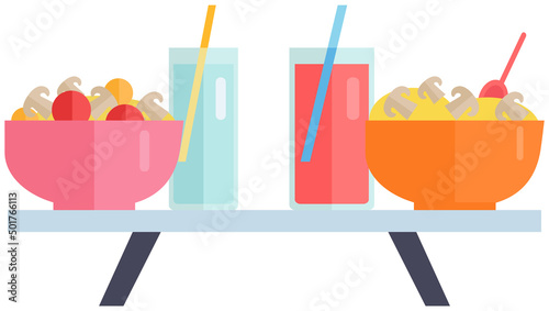 Natural and healthy food, products vector illustration. Diet meals and glasses of drinks on table. Full sized vegetable salads, water and fresh juice. Proper nutrition, diet and cheat meal concept