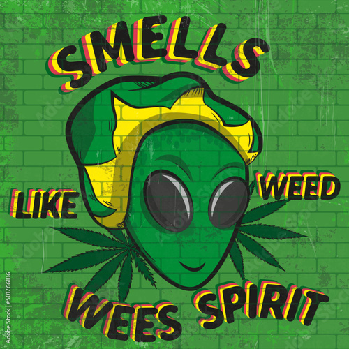 Graffiti about an alien using rasta beret next to weed leafs with the tittle Smells like weed, Weed Spirit. Art made in a green brick wall with grunge effect