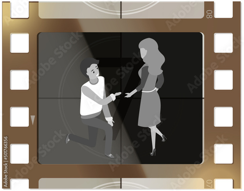 Tv with romantic show or series screen. Black and white vintage film frame with beautiful romance scene. Movie streaming relaxing in front of tv concept. Man on his knee proposing to girl, love story