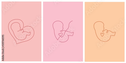 Line logotype. Set of logo with newborn and hearts. Baby in the womb. Stylish logo for a prenatal or reproductive clinic, pregnancy brochure, surrogacy agency. Heart shaped frame, elegant icon. 