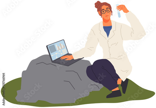 Woman exploring nature, analyzing water. Researcher takes samples of biomaterial for experiment. Environmental and ecology research. Scientist conducts ecological analysis. Explorer works with laptop