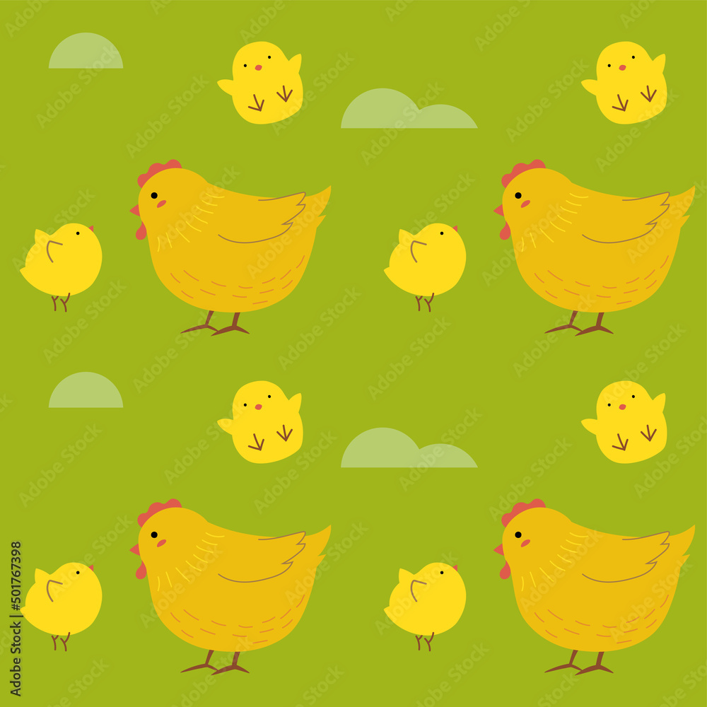 Hen and chicken seamless pattern on green background. Hen and chicken seamless pattern on green background.