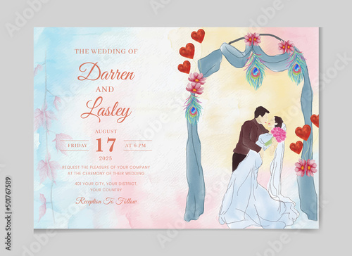 Bride and groom beautiful hand drawn watercolor wedding invitation set template Celebration, event, invitation, wedding dress, groom, romantic, pastel tones, wedding gate. Bridal flower bouquet, 