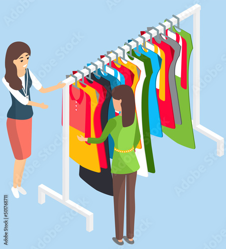 Girl choosing clothes for trousers and shirts fluttered on hangers, elements of wardrobe in store. Woman standing in front of hangers and choosing outfit. Fashion, clothes store, shopping concept.