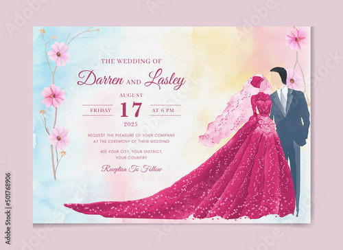 Bride and groom beautiful hand drawn watercolor wedding invitation set template Celebration, event, invitation, wedding dress, groom, romantic, pastel tones, wedding gate. Bridal flower bouquet, 