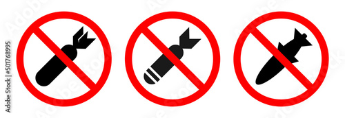 Stop bombing black sign, icon, symbol, logo in red circle isolated on white background. Vector illustration