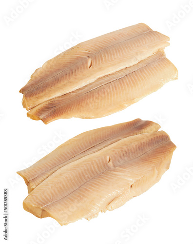 Smoked fish fillet isolated on white background with clipping path