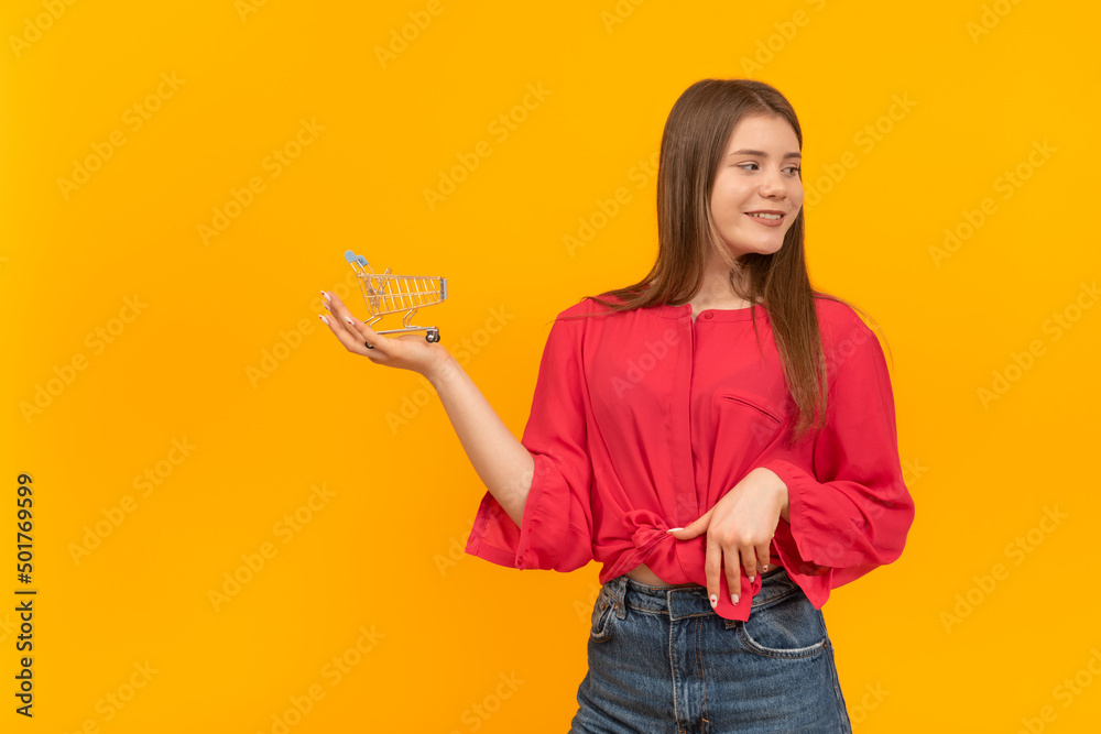 Grocery cart in palm of cute girl. Shopping cart on womans hand. Concept of buying clothes and accessories online. Grocery cart in palm of cute girl. Shopping cart on womans hand. Concept of buying clothes and accessories online.