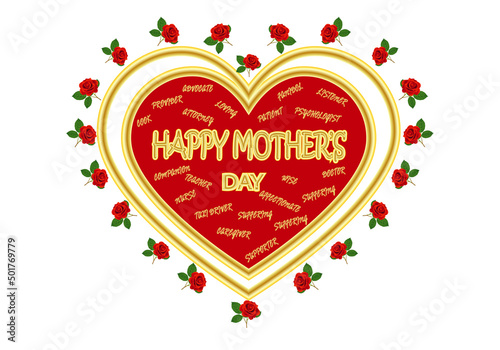 Feliz día de la madre, corazón y rosas rojas acompañado de cualidades de las madres
