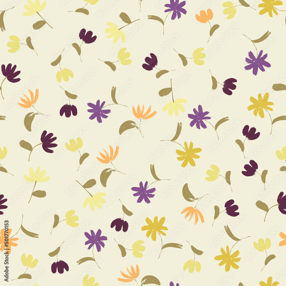 Funny seamless pattern with hand-drawn small flowers. Ditsy vector floral background with daisy and chamomile