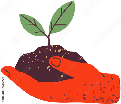 Hand holding green plant, element of eco design. Piece of soil with seedling of new tree. Green sprout planted in ground. Caring for nature and ecology concept. Greening, tree growing process