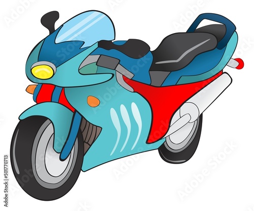 Cartoon motorcycle vector icon with isolated background blue and red sport racing concept rush with high speed motorbike illustration side and front view symbol sign modern flat travel vehicle