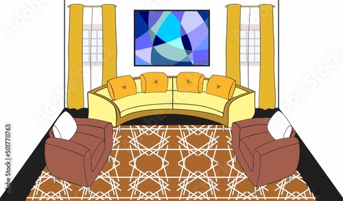 Cartoon cozy quite living room interior design interface with sofa and painting art above windows at corners two chairs opposite to each other on sides black carpet floor with brown mottled mat above 