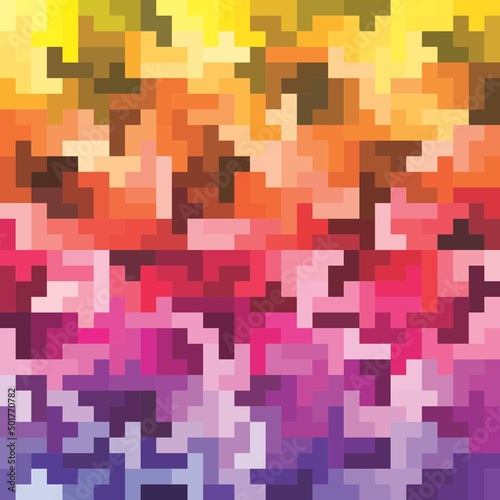 Abstract vector colorful background seamless pixel pattern combination of squares 512 colors used in attractive gradual method texture multiple use yellow orange red pink purple colors illustration