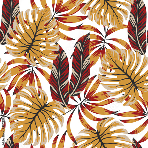 Original seamless tropical pattern with bright plants and leaves on a light b...