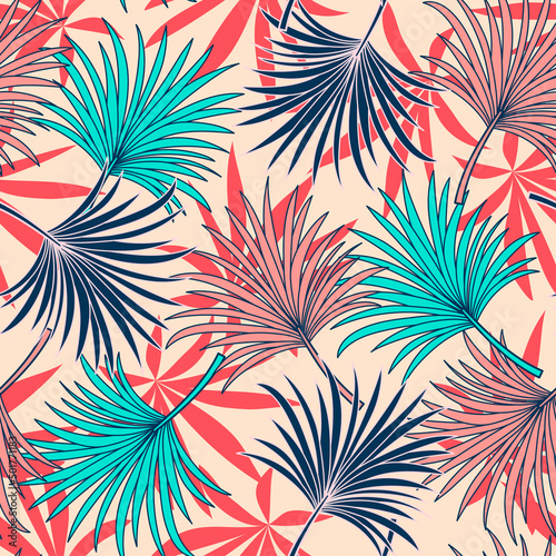 Original seamless tropical pattern with bright plants and leaves on a beige background. Seamless pattern with colorful leaves and plants. Seamless exotic pattern with tropical plants.