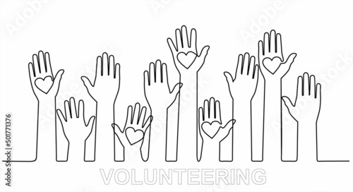 Continuous one line drawing of Hands with hearts. Raised hands volunteering concept